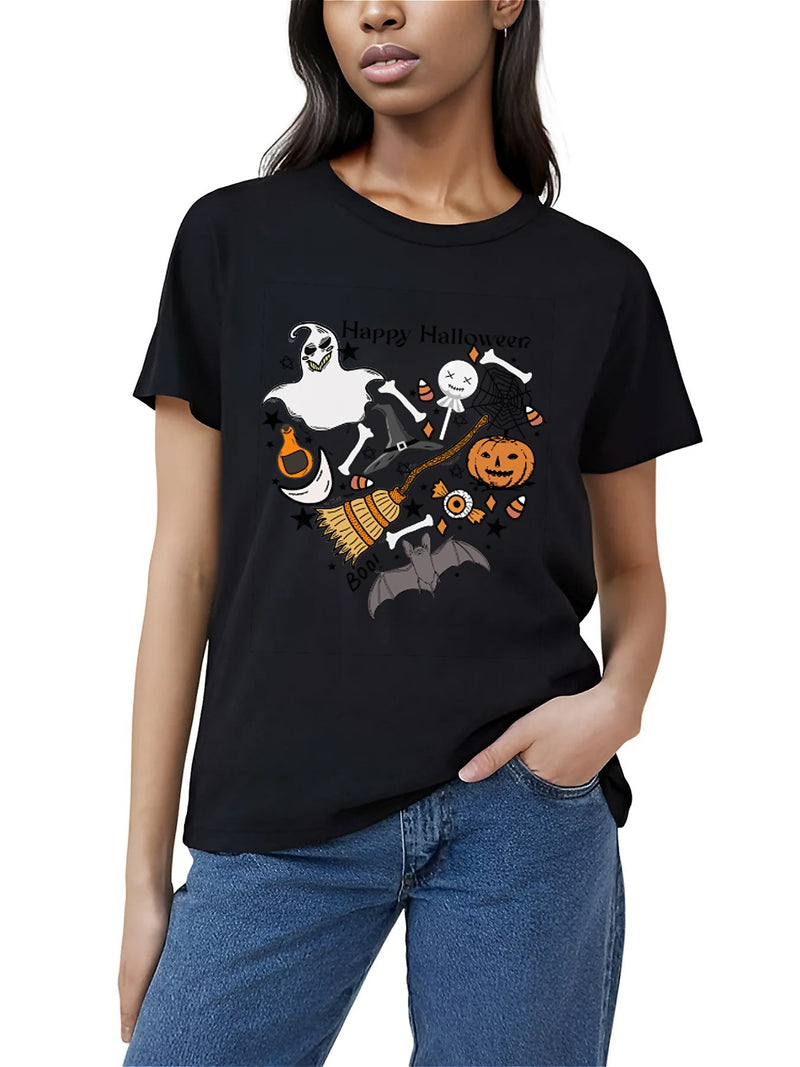 Earkoha Graphic T Shirts for Women Summer Casual Halloween Printed Tee Cotton Tops Loose Fit