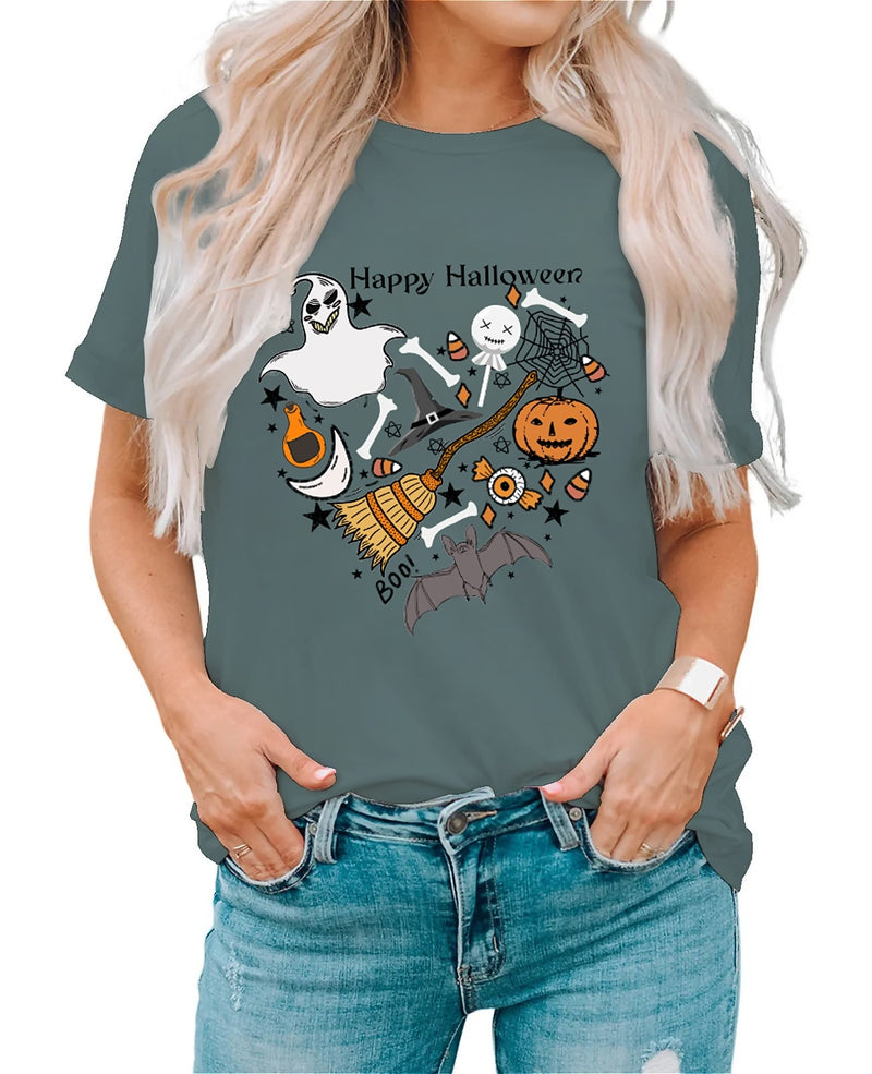 Earkoha Graphic T Shirts for Women Summer Casual Halloween Printed Tee Cotton Tops Loose Fit