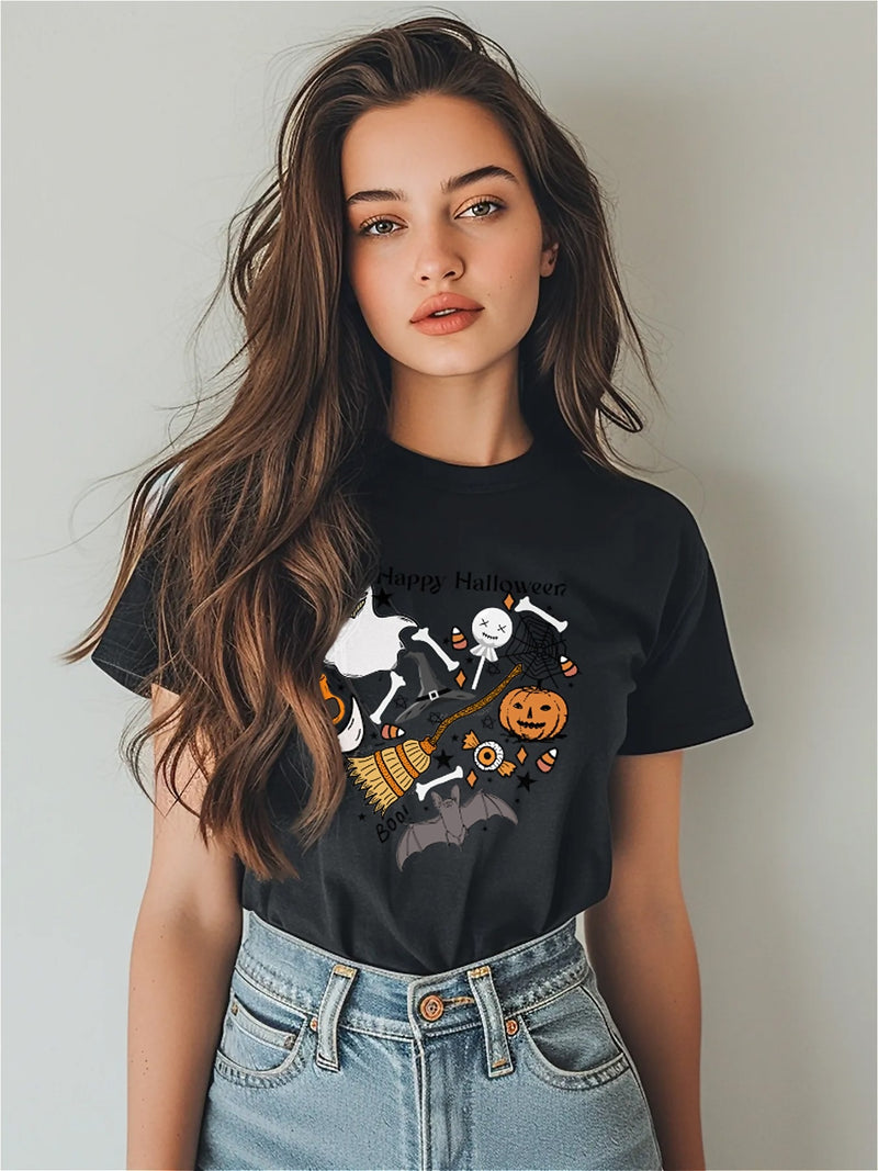 Earkoha Graphic T Shirts for Women Summer Casual Halloween Printed Tee Cotton Tops Loose Fit