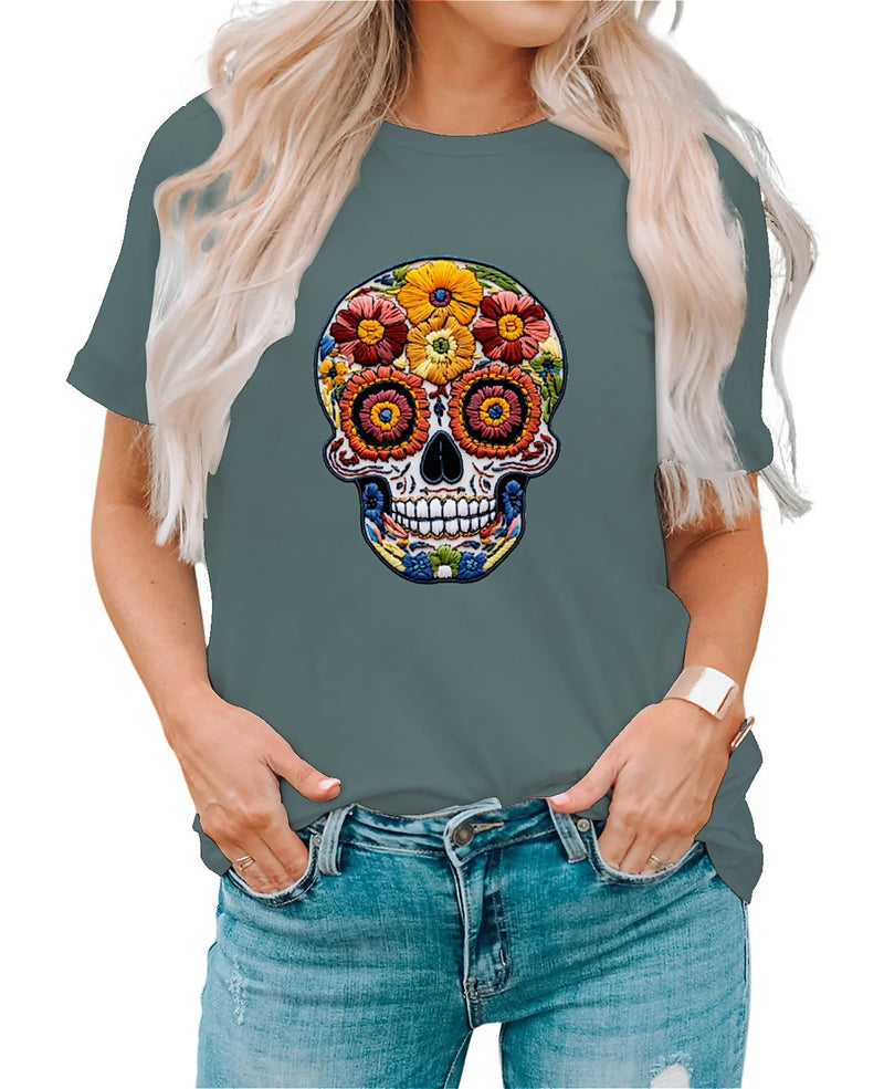 Earkoha Graphic T Shirts for Women Summer Casual Halloween Printed Tee Cotton Tops Loose Fit