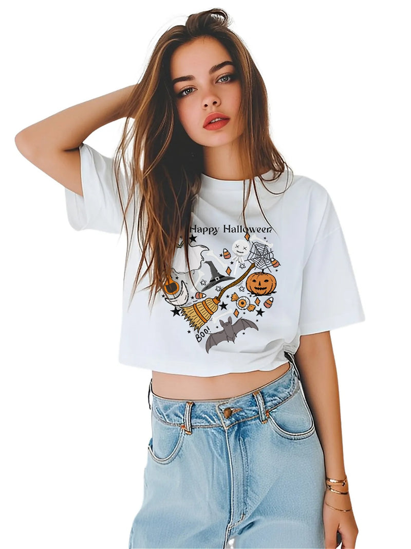 Earkoha Graphic T Shirts for Women Summer Casual Halloween Printed Tee Cotton Tops Loose Fit