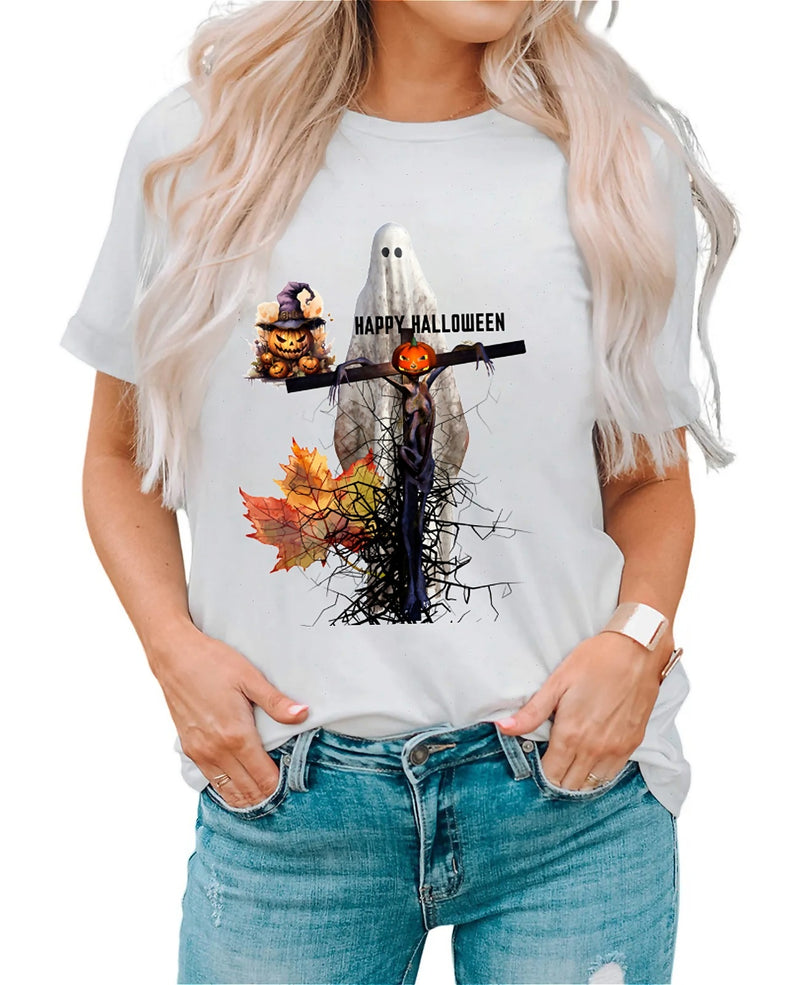 Earkoha Graphic T Shirts for Women Summer Casual Halloween Printed Tee Cotton Tops Loose Fit