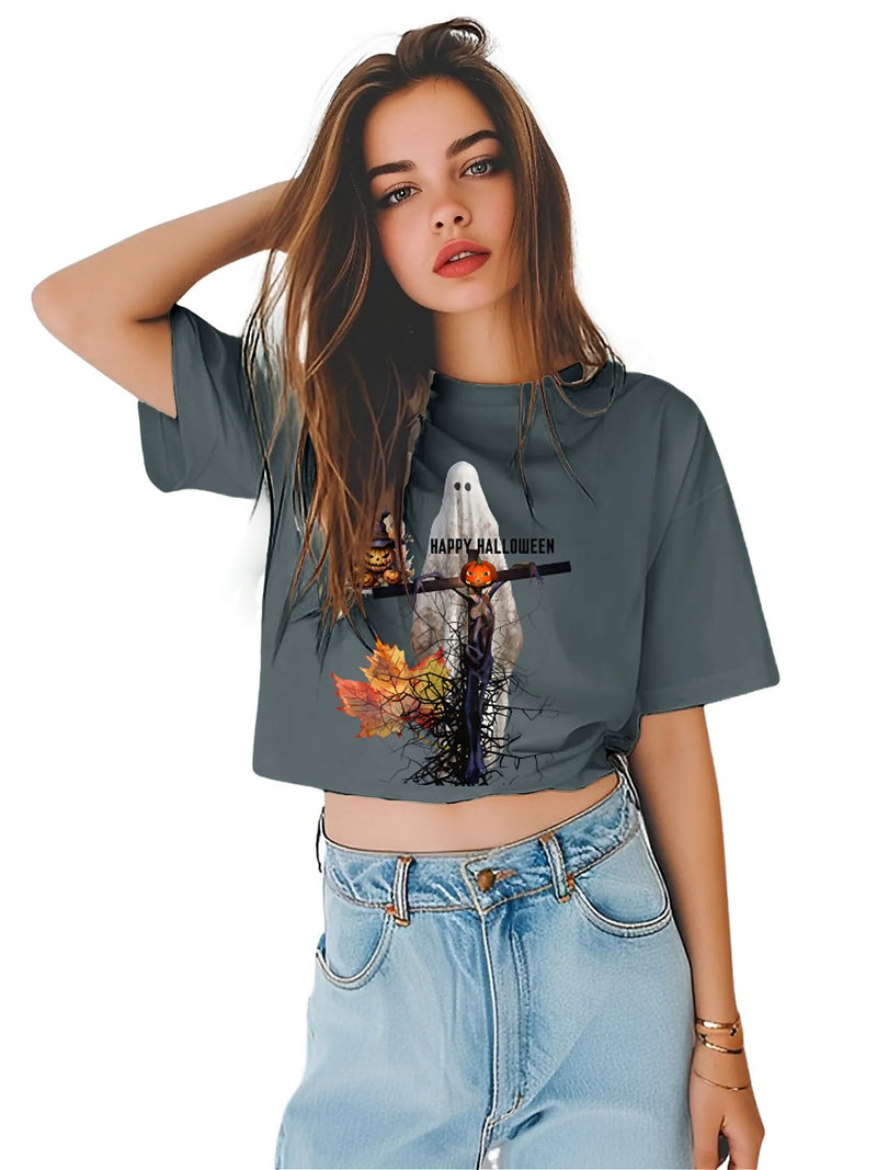 Earkoha Graphic T Shirts for Women Summer Casual Halloween Printed Tee Cotton Tops Loose Fit