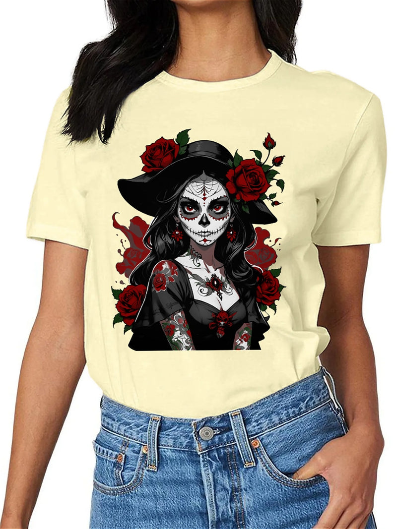 Earkoha Graphic T Shirts for Women Summer Casual Halloween Printed Tee Cotton Tops Loose Fit