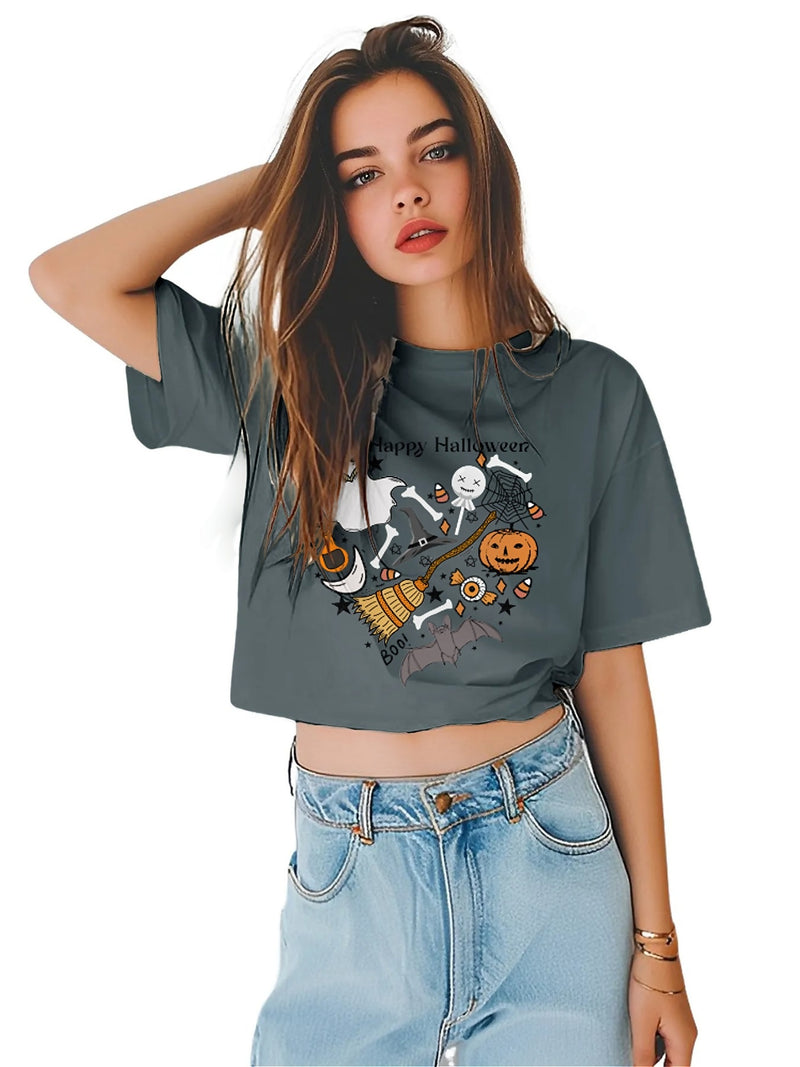 Earkoha Graphic T Shirts for Women Summer Casual Halloween Printed Tee Cotton Tops Loose Fit