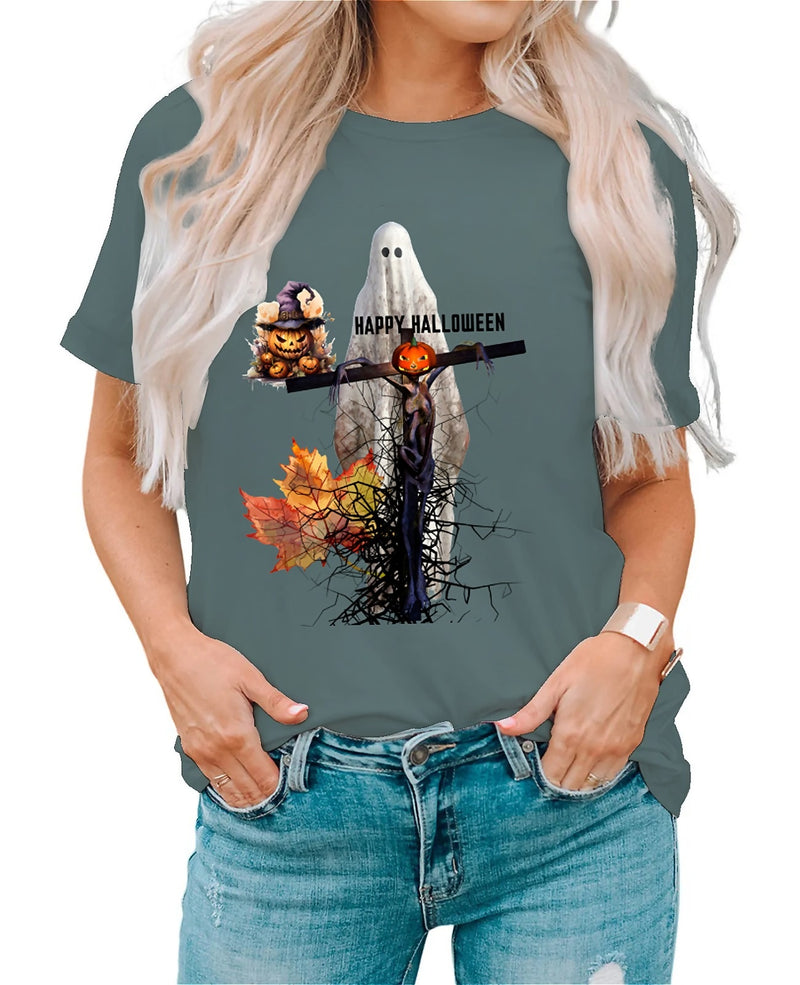 Earkoha Graphic T Shirts for Women Summer Casual Halloween Printed Tee Cotton Tops Loose Fit