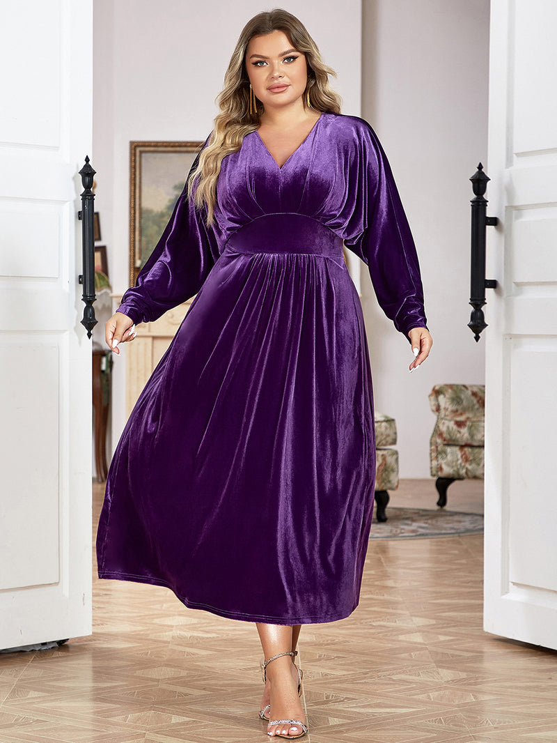 Plus Purple Long Sleeve Midi Dress