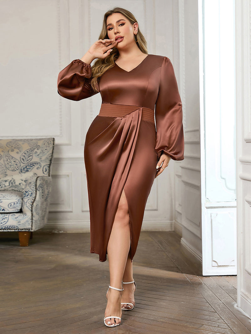 Red Brown Slinky Midi Wrap Dress