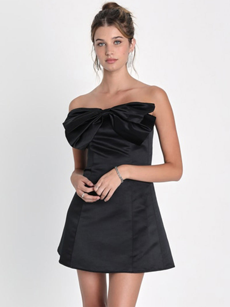 Black Off Shoulder Mini Bow Dress