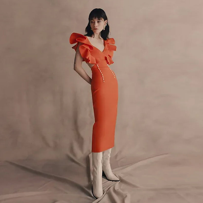 Orange Ruffle Sleeve Midi Bandage Dress