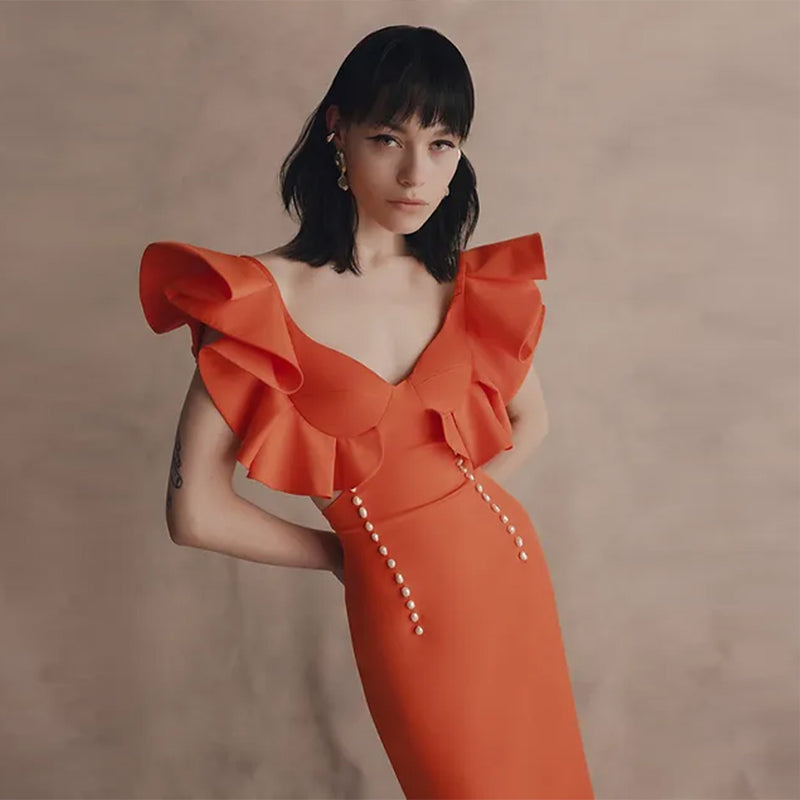 Orange Ruffle Sleeve Midi Bandage Dress