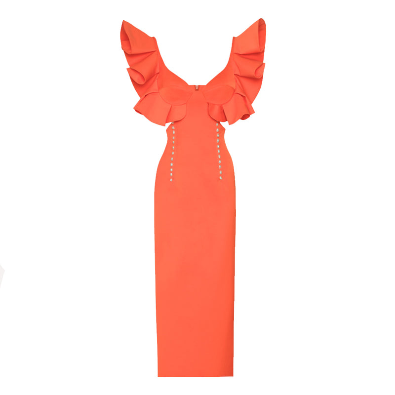 Orange Ruffle Sleeve Midi Bandage Dress