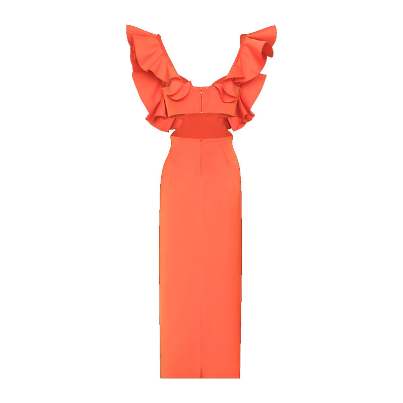 Orange Ruffle Sleeve Midi Bandage Dress