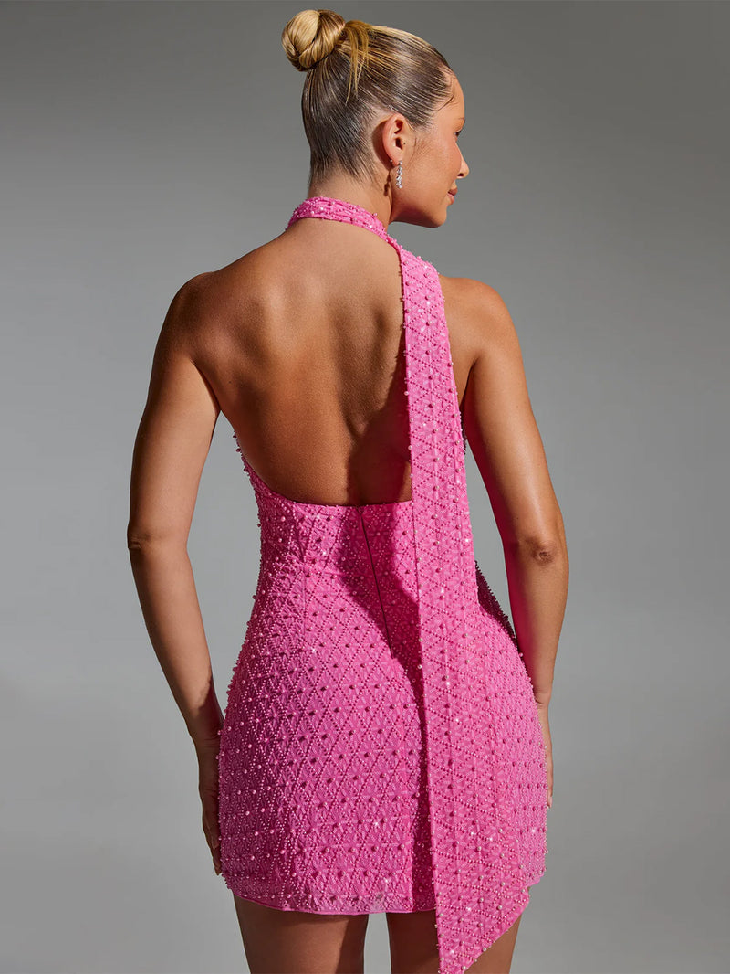 Pink Mini Mesh Sequins Dress