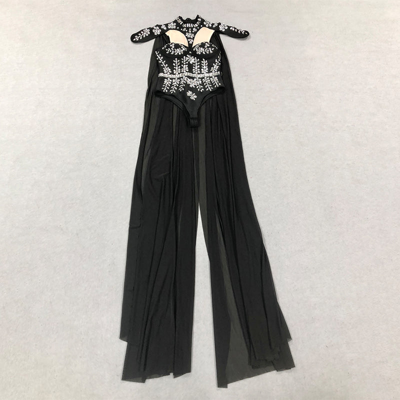 Black Ladies Sexy Jumpsuit with Rhinestones