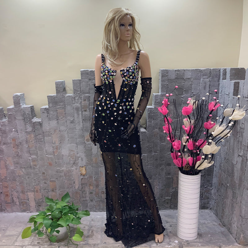 Long Bodycon Dress with Exquisite Crystals