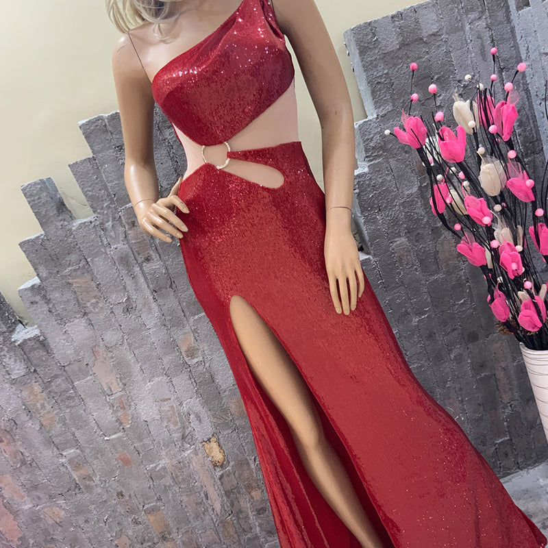 One Shoulder Red Sequins Cutout Dress 