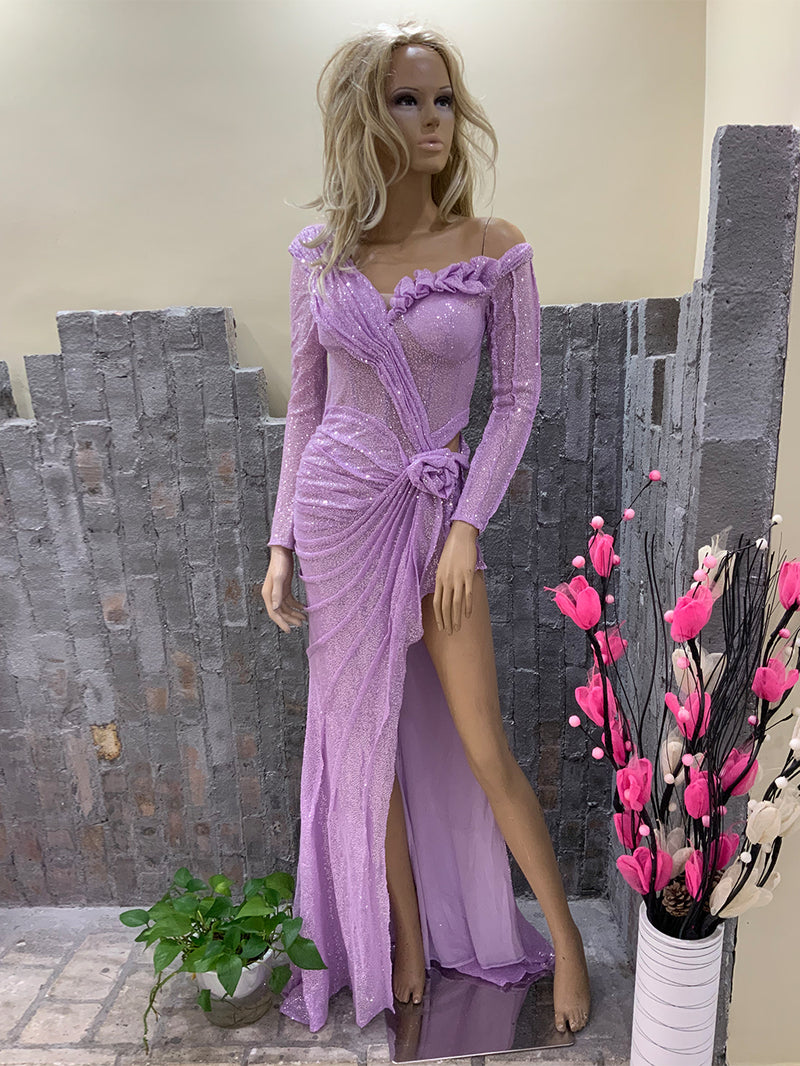 One Shoulder High Slit Sequined Purple Dress