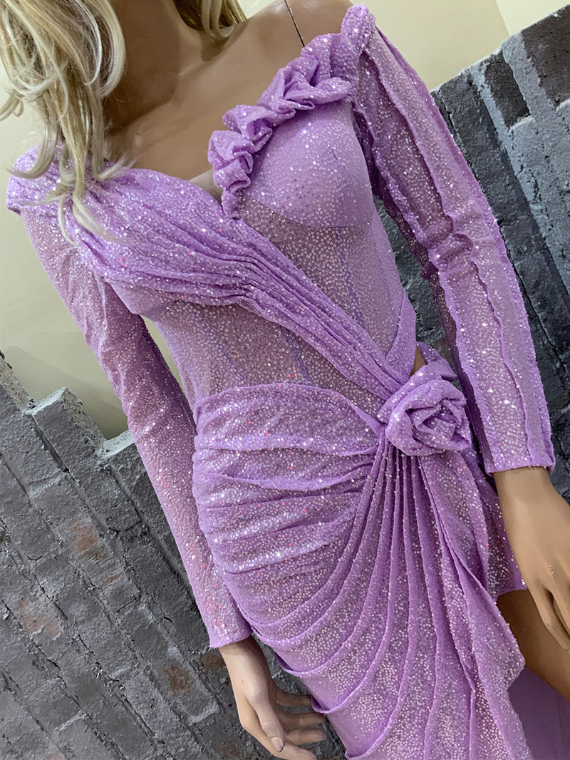 One Shoulder High Slit Sequined Purple Dress