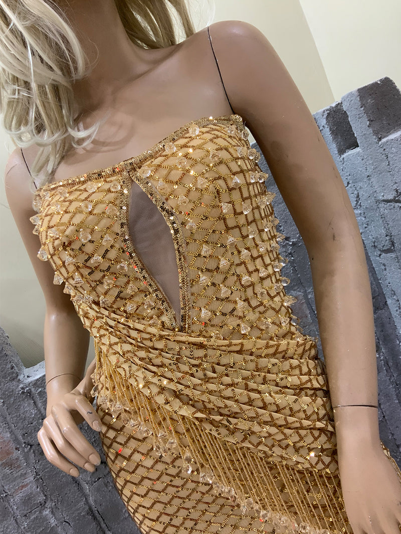 Gold Strapless Beaded Fringe Mini Dress