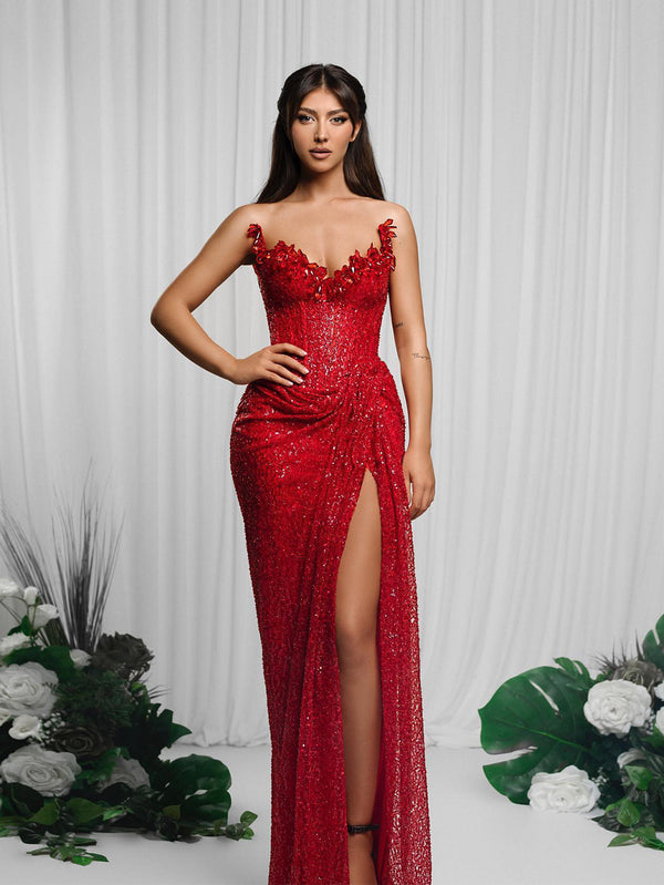 Red Beaded Rucher Slit Dress