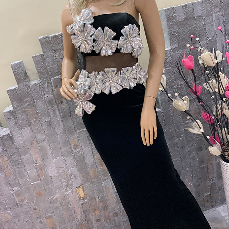 3D Flower Bustier Maxi Dress Set