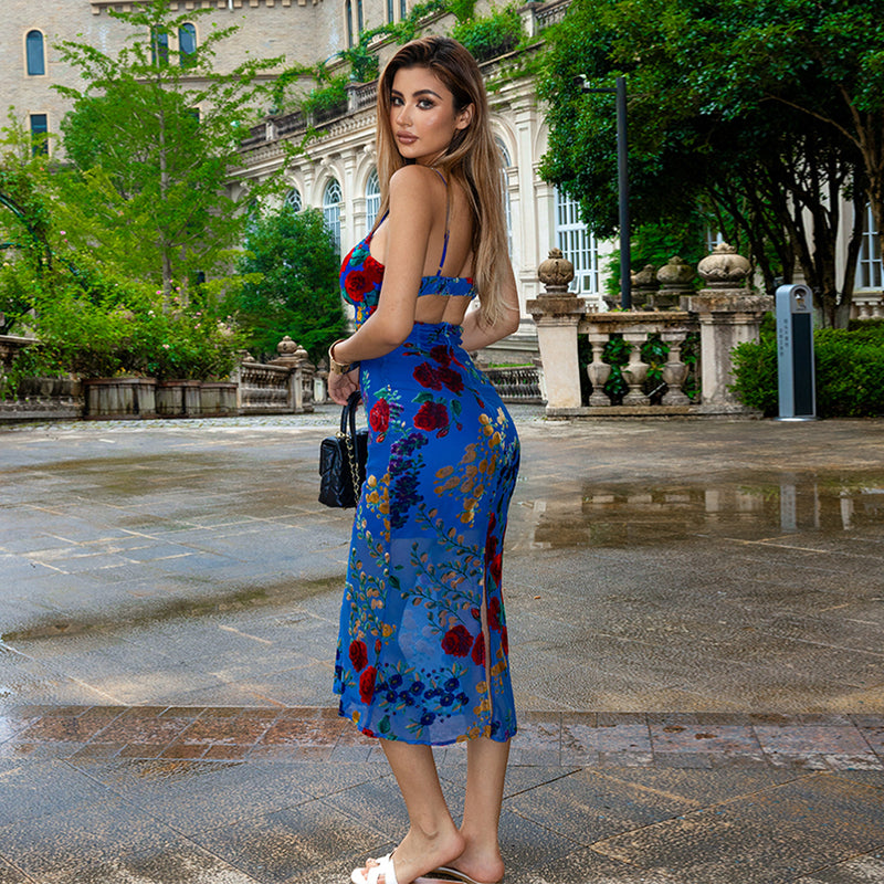 Blue Printed Floral Strappy Midi Dress