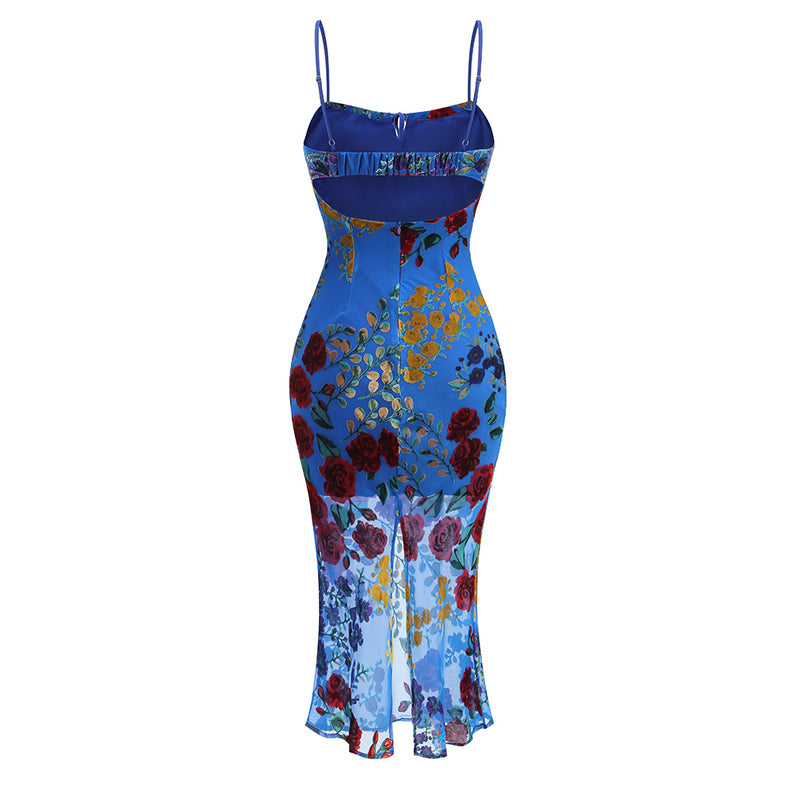 Blue Printed Floral Strappy Midi Dress