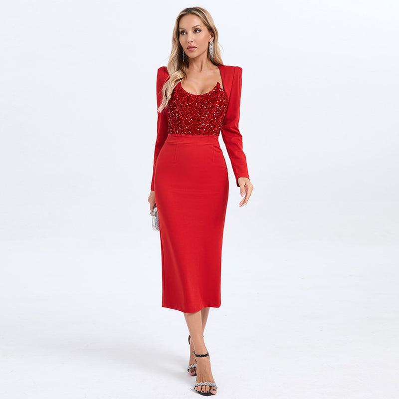 Red Sequin Long Sleeve Midi Dress