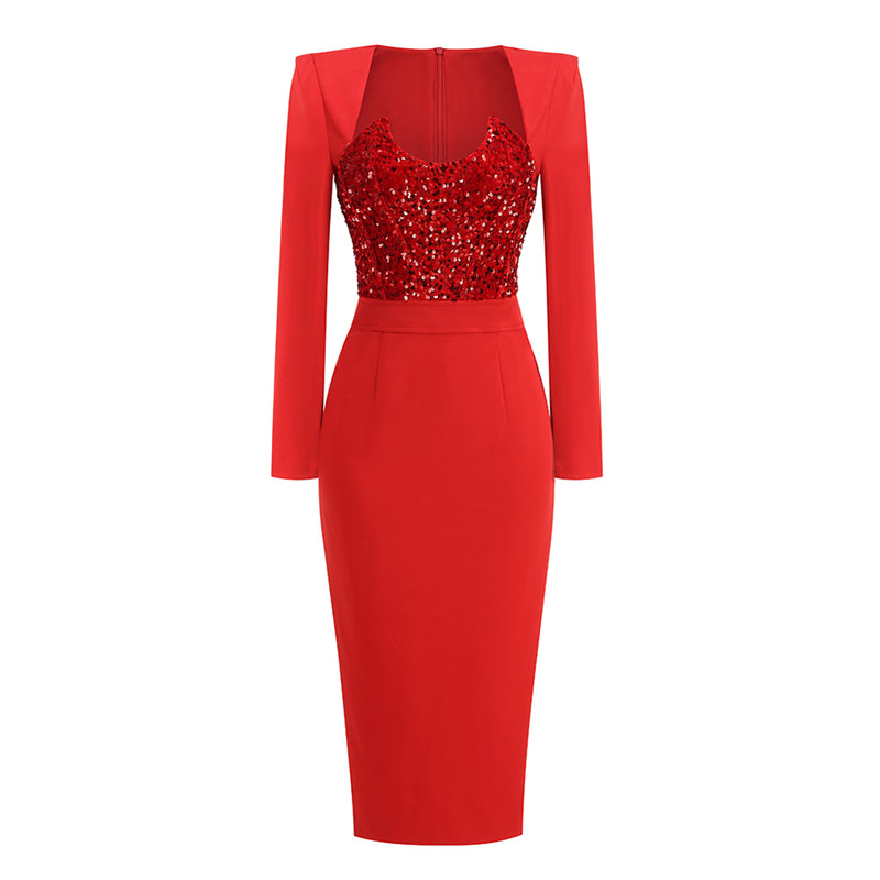 Red Sequin Long Sleeve Midi Dress