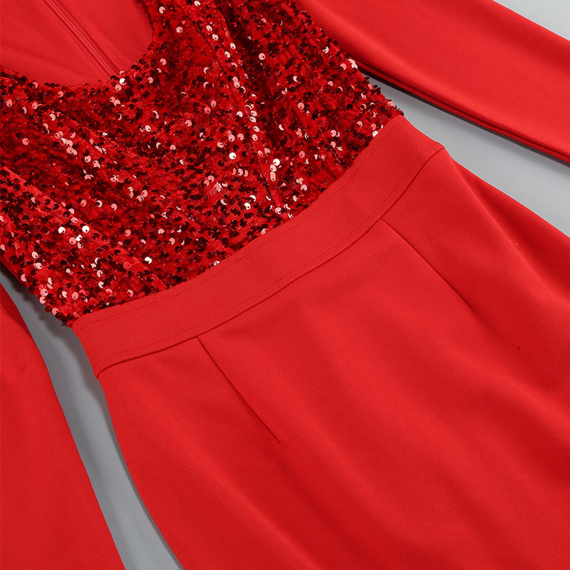 Red Sequin Long Sleeve Midi Dress