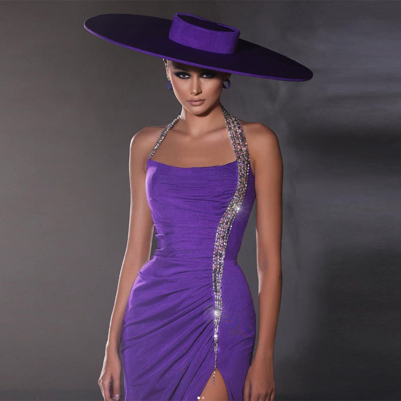 Purple Halter Ruched High Slit Dress