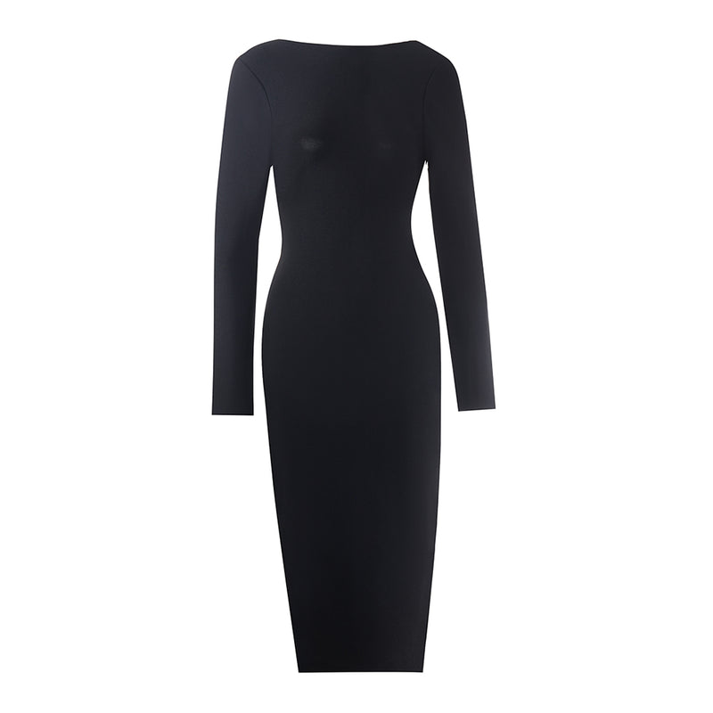 Round Neck Long Sleeve Tight-fitting Midi Bandage Dress PZC958