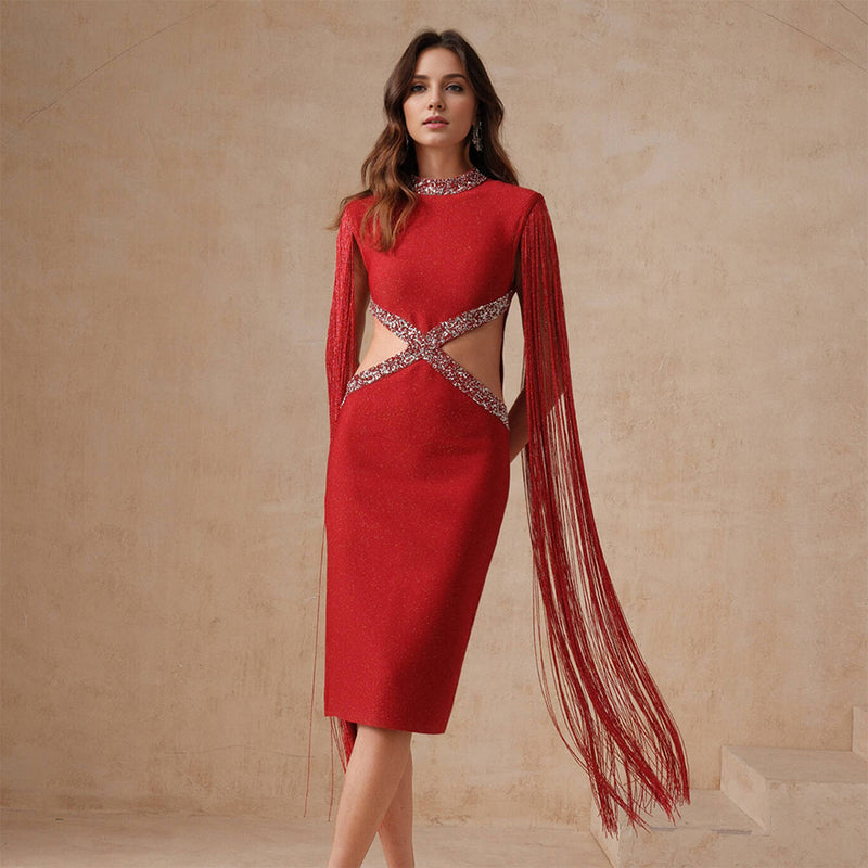 Red Fringe Bandage Dress Over Knee