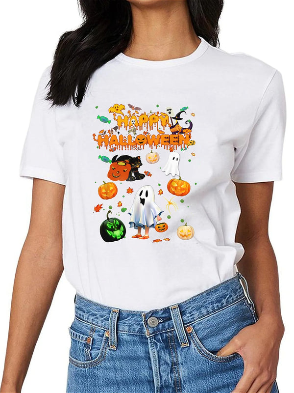 KevaMolly Graphic T Shirts for Women Summer Casual Halloween Printed Tee Cotton Tops Loose Fit