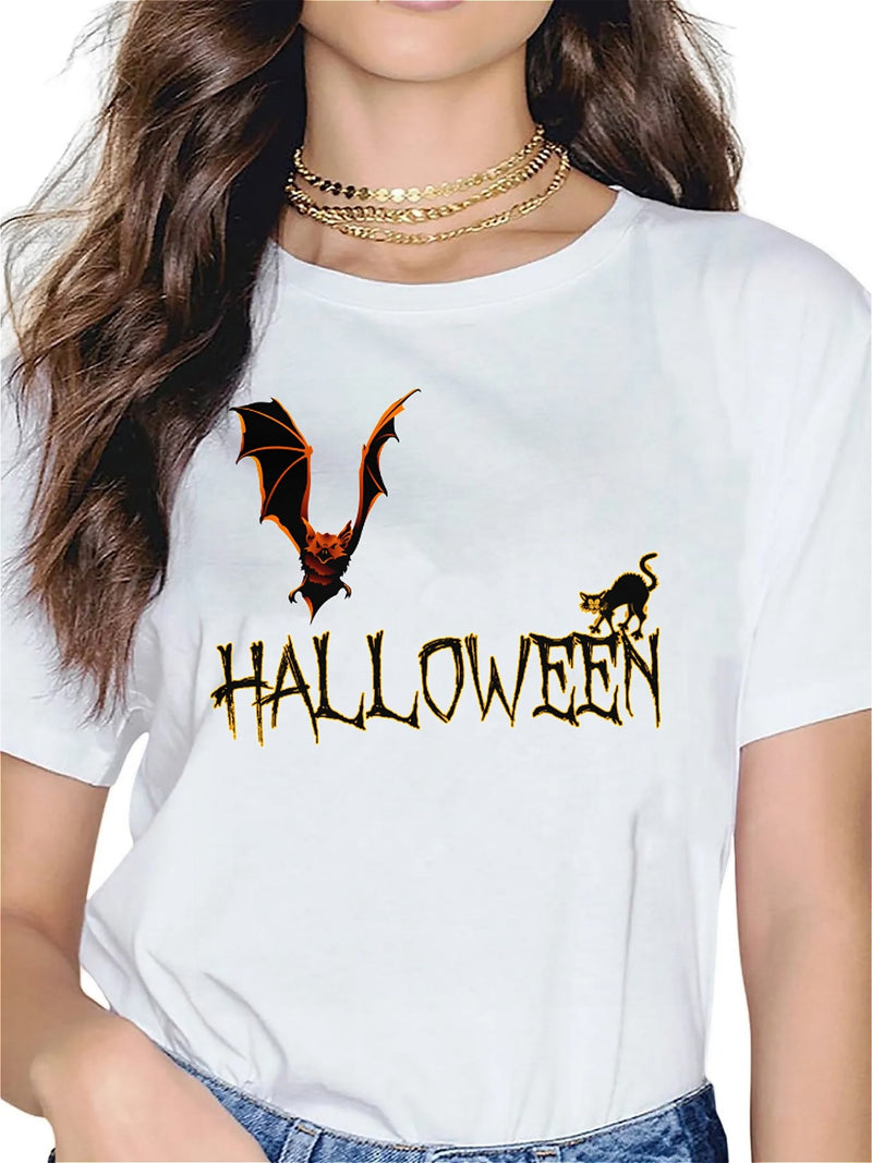 KevaMolly Graphic T Shirts for Women Summer Casual Halloween Printed Tee Cotton Tops Loose Fit