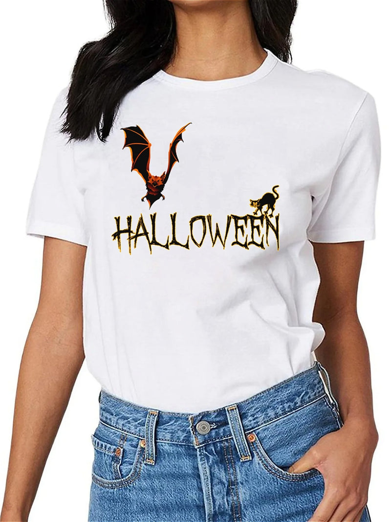 KevaMolly Graphic T Shirts for Women Summer Casual Halloween Printed Tee Cotton Tops Loose Fit