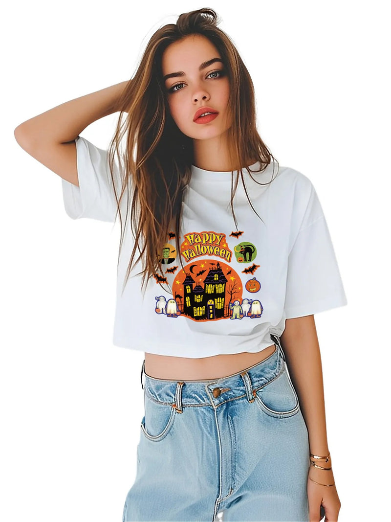 KevaMolly Graphic T Shirts for Women Summer Casual Halloween Printed Tee Cotton Tops Loose Fit