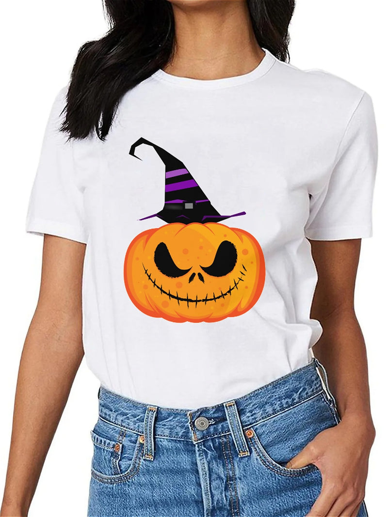 KevaMolly Graphic T Shirts for Women Summer Casual Halloween Printed Tee Cotton Tops Loose Fit