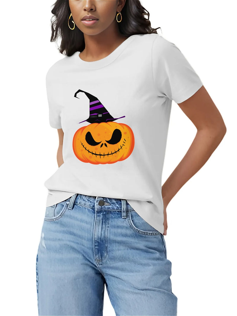 KevaMolly Graphic T Shirts for Women Summer Casual Halloween Printed Tee Cotton Tops Loose Fit