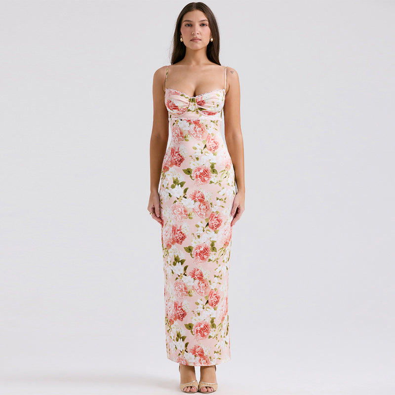 Pink Floral Spaghetti Stap Maxi Dress