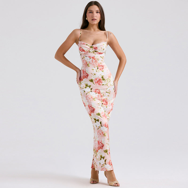 Pink Floral Spaghetti Stap Maxi Dress