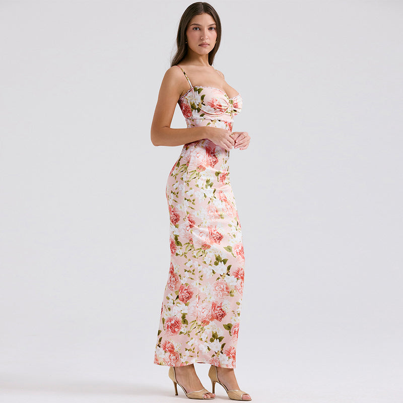 Pink Floral Spaghetti Stap Maxi Dress