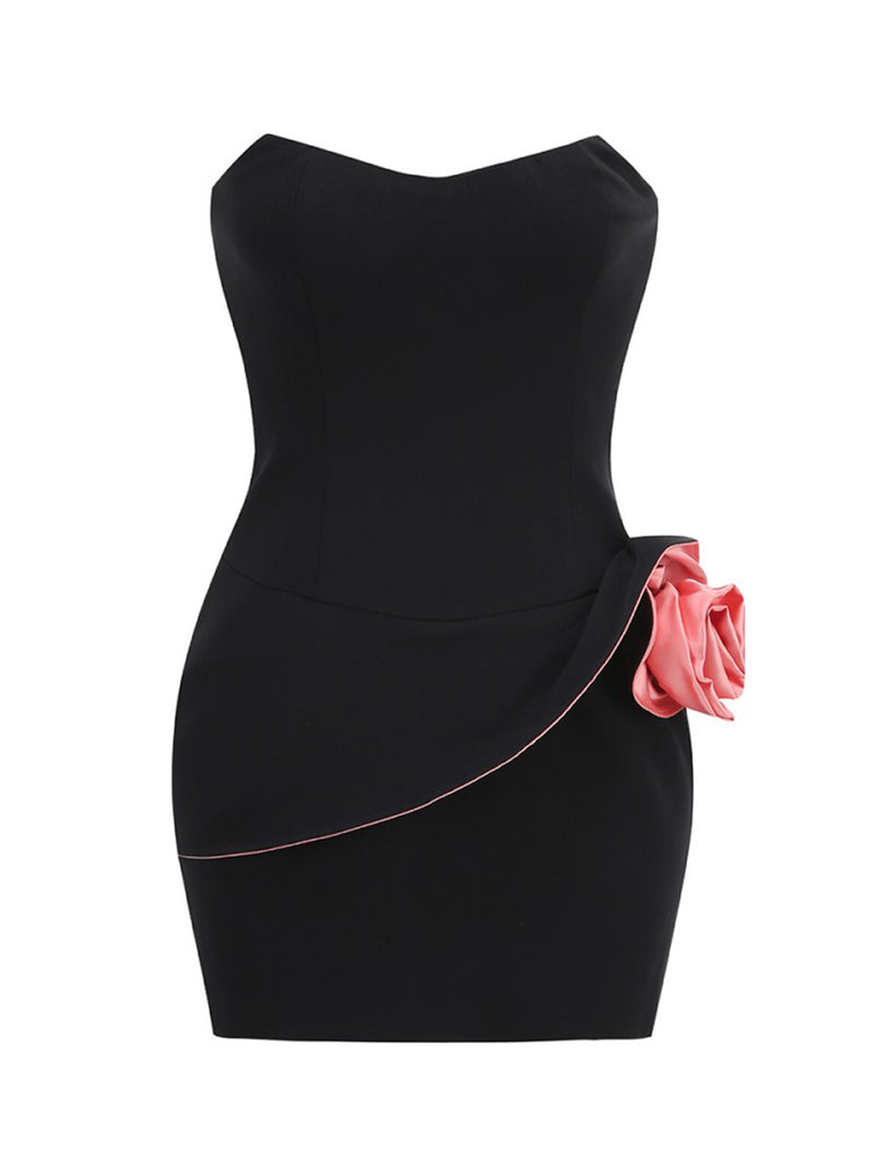 Black Mini Flower Satin Dress