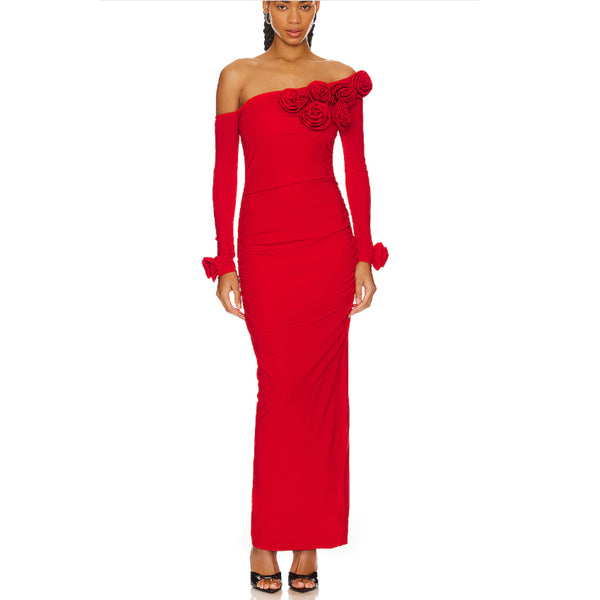 Red Rose Off Shoulder Column Dress