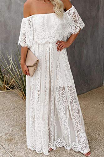 Off Shoulder Short Sleeve Floral Lace Bridesmaid Maxi Dress SN611491