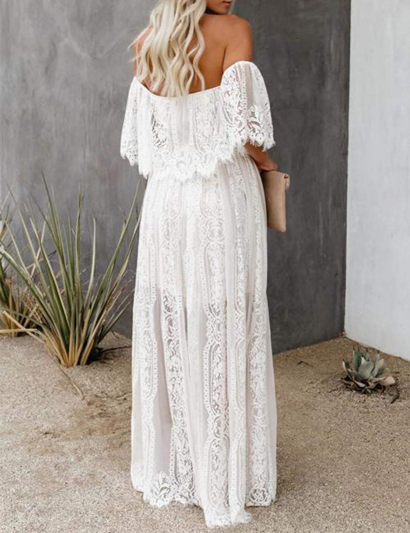 Off Shoulder Short Sleeve Floral Lace Bridesmaid Maxi Dress SN611491